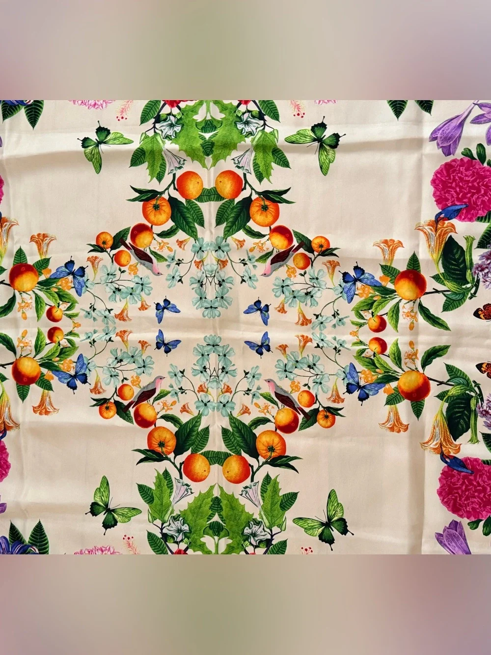Gorgeous Floral & Citrus Garden Silk scarf- Multicolor 34” sq